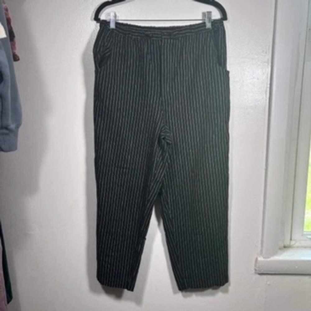 Vintage Linen Cotton Pinstripe Pants‎ Women Sz M Black Office Tapered Trousers